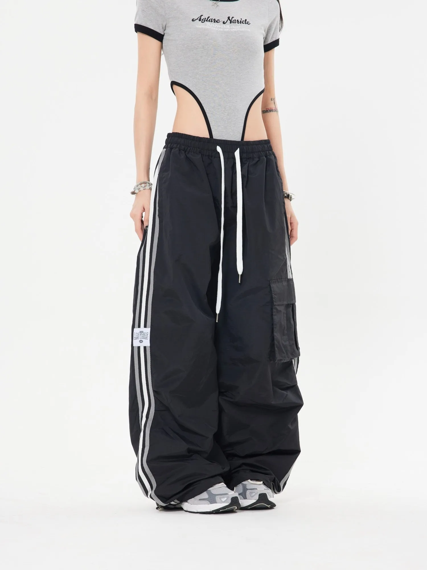 TEEK - Cargo Wide Leg Striped Drawstring Pants