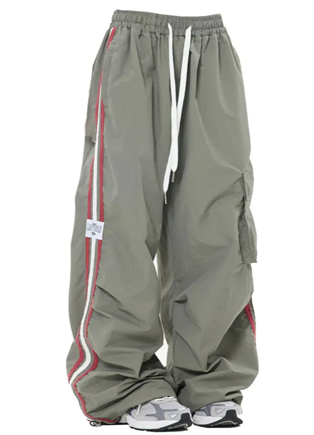 TEEK - Cargo Wide Leg Striped Drawstring Pants