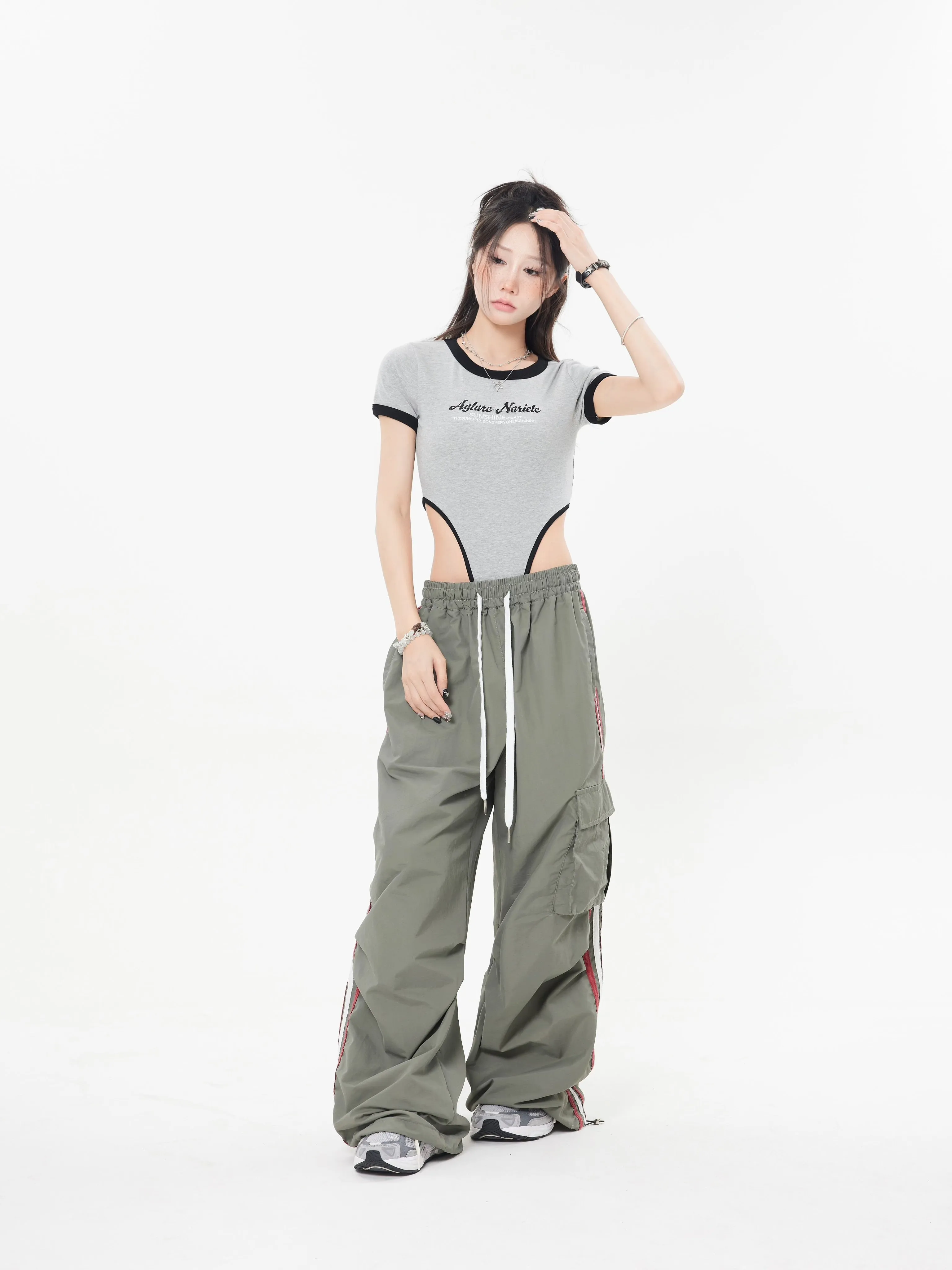 TEEK - Cargo Wide Leg Striped Drawstring Pants