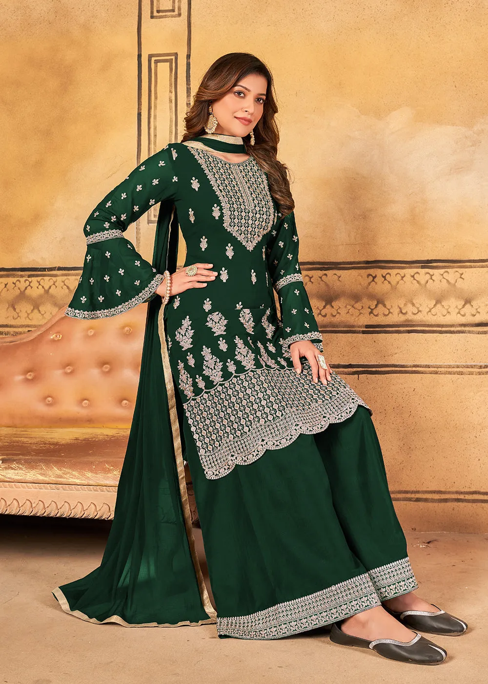 Traditional Wedding Green Georgette Palazzo Salwar Kurta