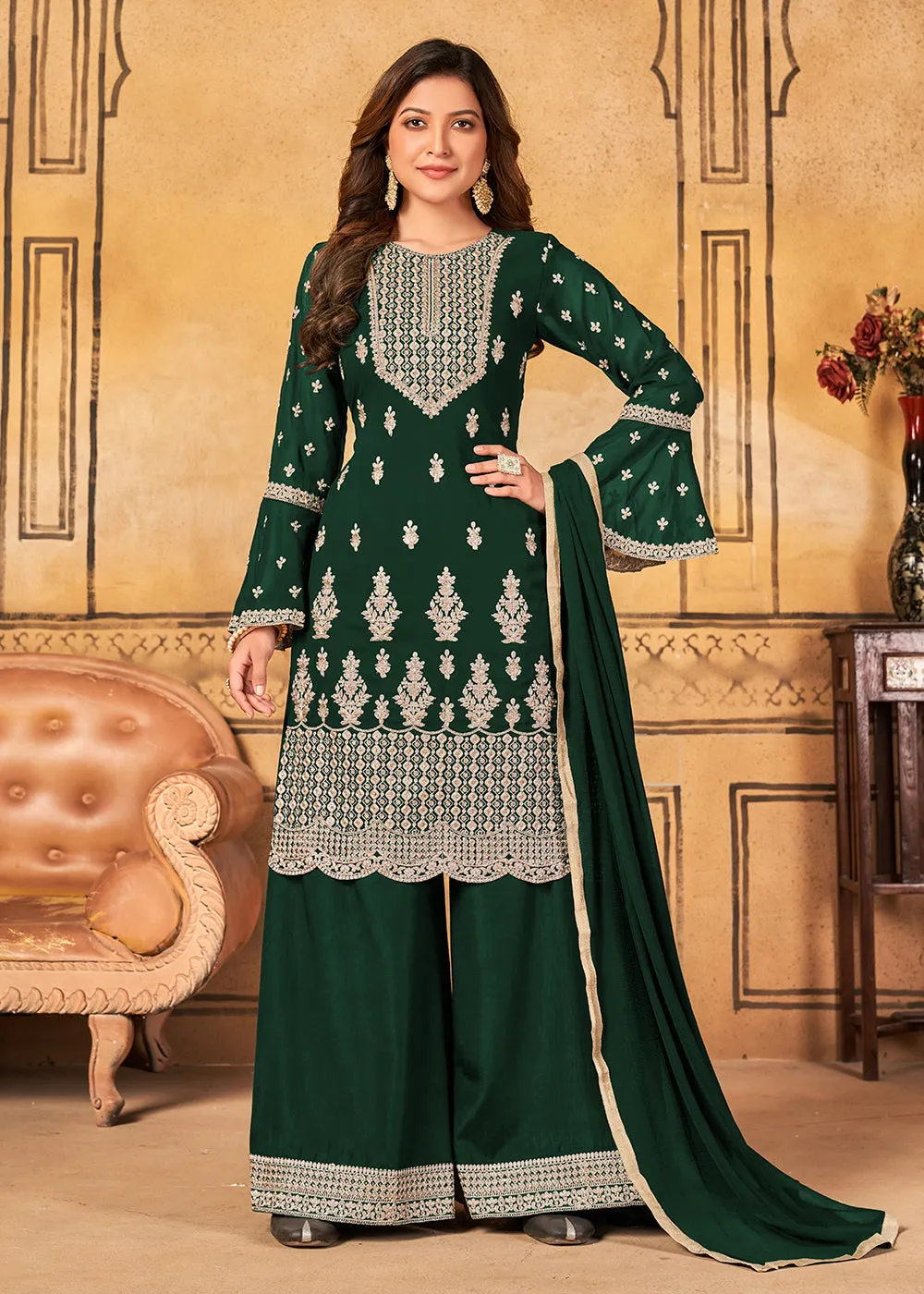 Traditional Wedding Green Georgette Palazzo Salwar Kurta