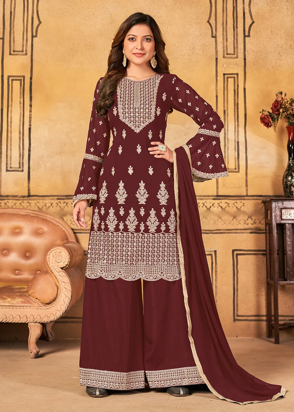 Traditional Wedding Maroon Georgette Palazzo Salwar Kurta