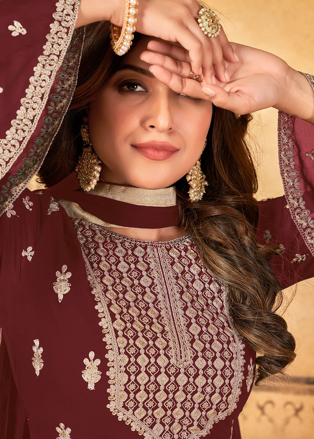 Traditional Wedding Maroon Georgette Palazzo Salwar Kurta