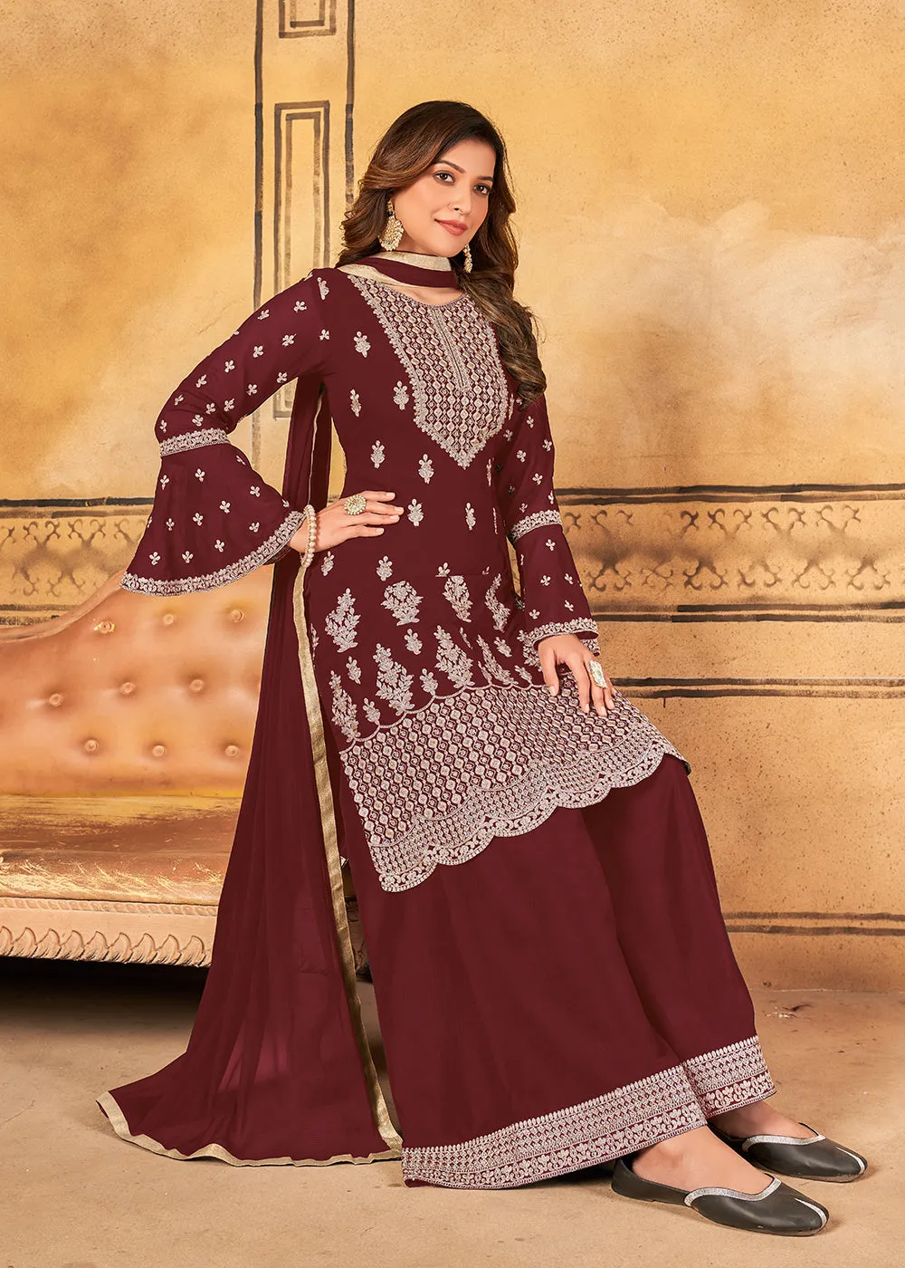 Traditional Wedding Maroon Georgette Palazzo Salwar Kurta