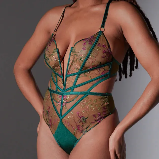 Trapped in Venus Embroidered Bodysuit in Emerald