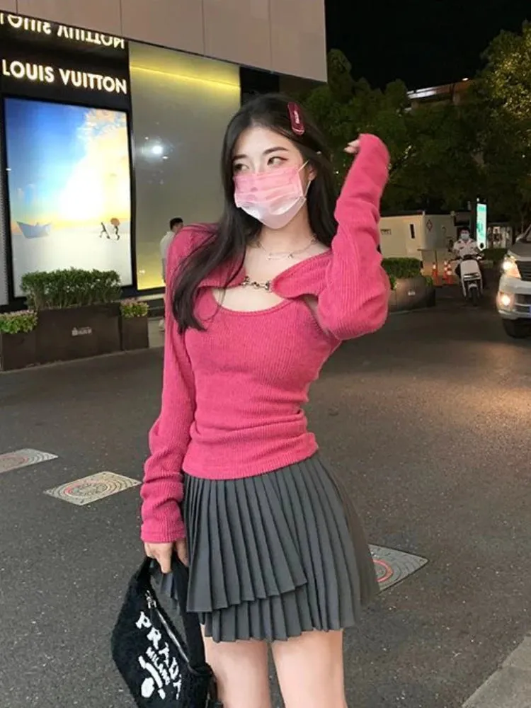 Vevesc  Y2K Korean Fashion Pink Cropped Sweater Women Harajuku Sexy Slim Knitted Jumper Vintage Casual Cardigan Vest Set Tops