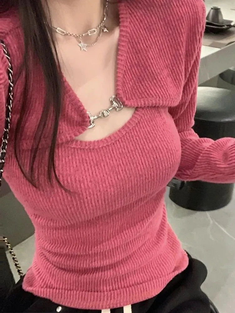 Vevesc  Y2K Korean Fashion Pink Cropped Sweater Women Harajuku Sexy Slim Knitted Jumper Vintage Casual Cardigan Vest Set Tops