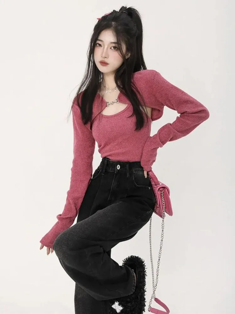 Vevesc  Y2K Korean Fashion Pink Cropped Sweater Women Harajuku Sexy Slim Knitted Jumper Vintage Casual Cardigan Vest Set Tops