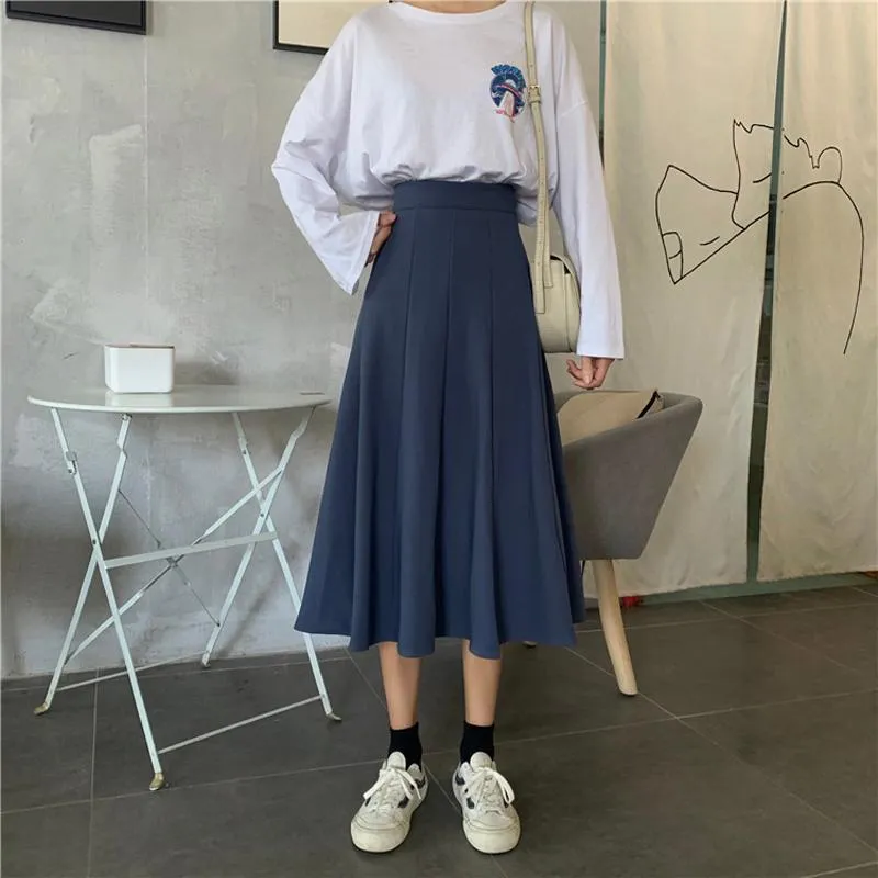 Vintage Blue Black Wavy High Waist Midi Skirt