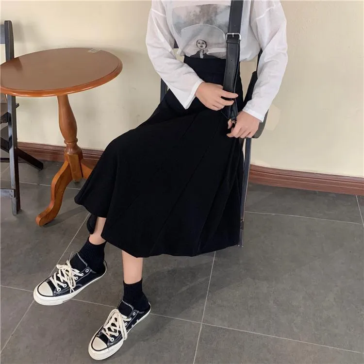 Vintage Blue Black Wavy High Waist Midi Skirt