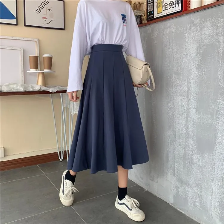 Vintage Blue Black Wavy High Waist Midi Skirt