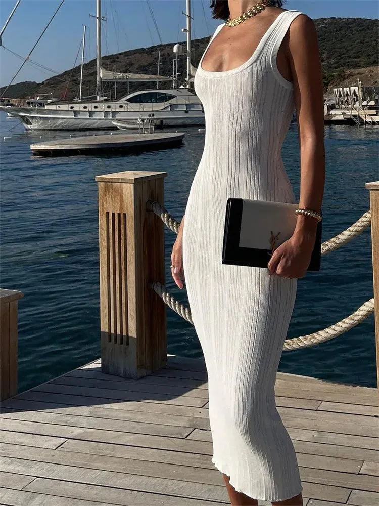 White Knitted Women Summer Fashion Square Collar Sleeveless Bodycon Party Casual Midi Dress