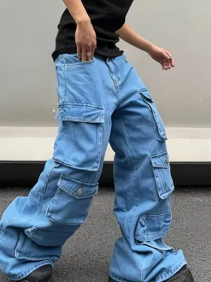 Wide Leg Cargo Denim Jeans for Men - Stylish Streetwear Pants with Multiple Pockets, Comfortable Fit, and Versatile Design for Spring and Fall Seasons