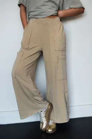 Wide Leg Cargo Sweatpants- Tan