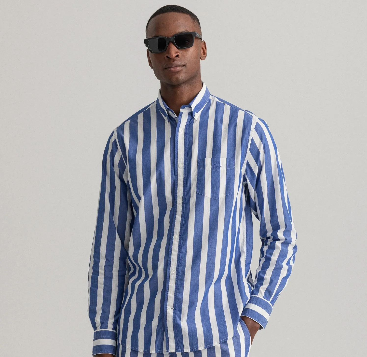 Wide Stripe Poplin Shirt - Racing Green/White | College Blue/White