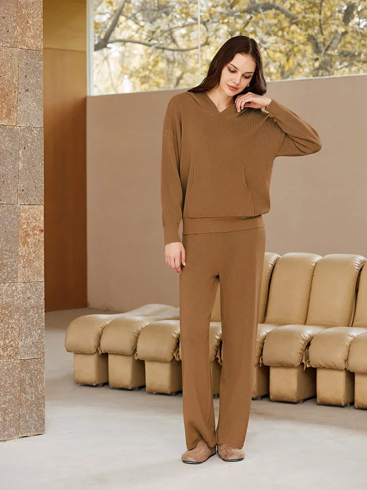 Women Pullover Hoodie Matching Wide Leg Pants Loose Knitted Sweatsuit with Pocket