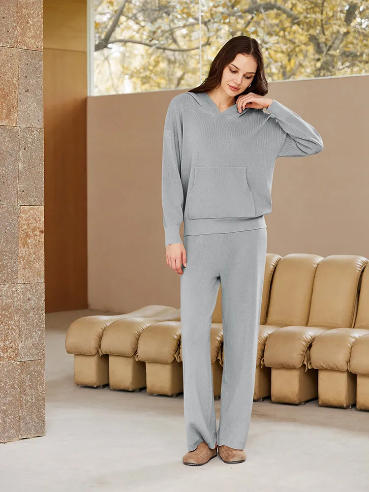 Women Pullover Hoodie Matching Wide Leg Pants Loose Knitted Sweatsuit with Pocket