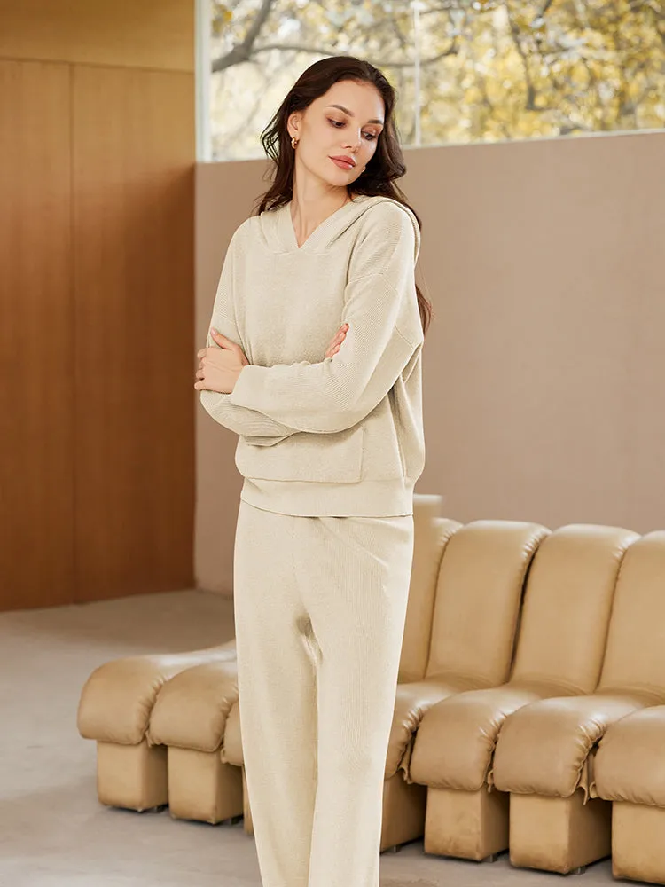 Women Pullover Hoodie Matching Wide Leg Pants Loose Knitted Sweatsuit with Pocket