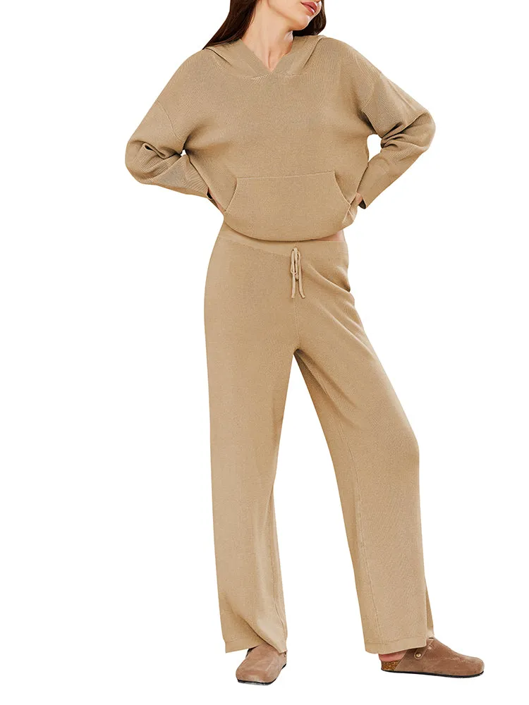 Women Pullover Hoodie Matching Wide Leg Pants Loose Knitted Sweatsuit with Pocket