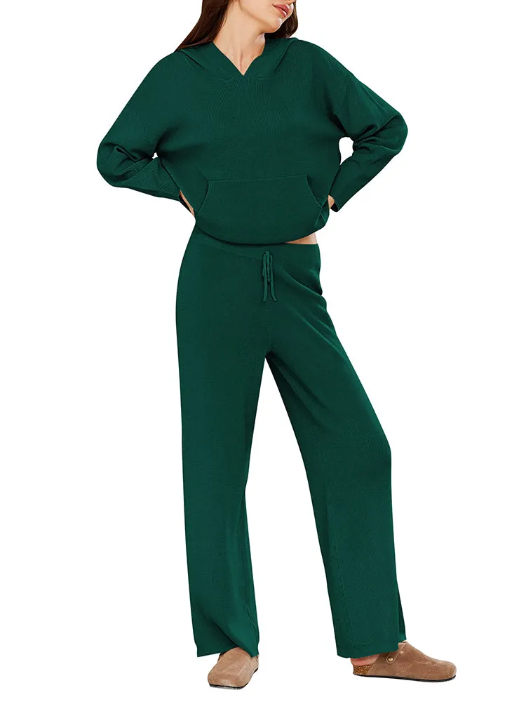 Women Pullover Hoodie Matching Wide Leg Pants Loose Knitted Sweatsuit with Pocket