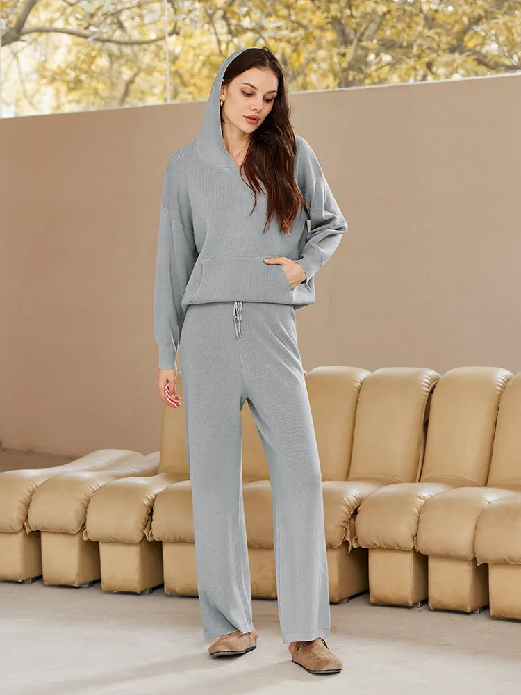 Women Pullover Hoodie Matching Wide Leg Pants Loose Knitted Sweatsuit with Pocket