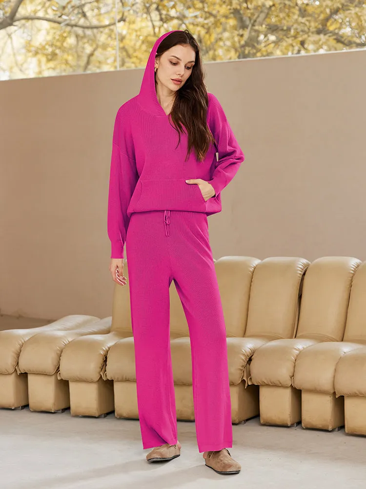 Women Pullover Hoodie Matching Wide Leg Pants Loose Knitted Sweatsuit with Pocket