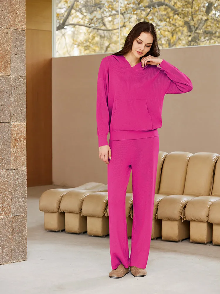 Women Pullover Hoodie Matching Wide Leg Pants Loose Knitted Sweatsuit with Pocket