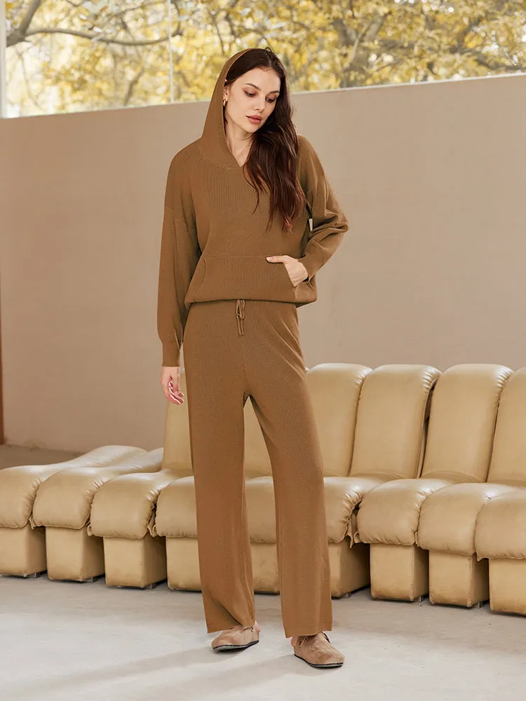 Women Pullover Hoodie Matching Wide Leg Pants Loose Knitted Sweatsuit with Pocket