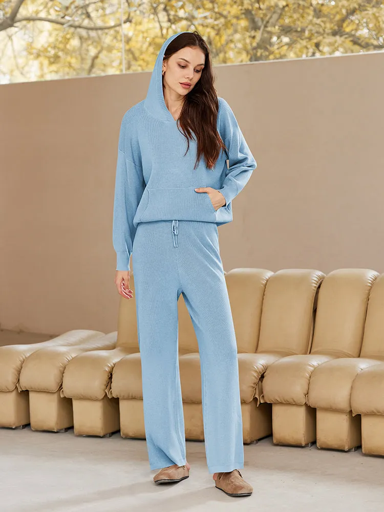 Women Pullover Hoodie Matching Wide Leg Pants Loose Knitted Sweatsuit with Pocket