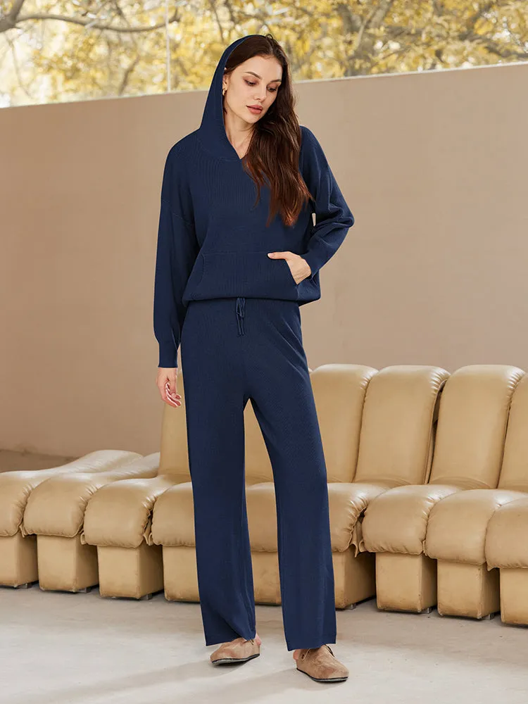 Women Pullover Hoodie Matching Wide Leg Pants Loose Knitted Sweatsuit with Pocket