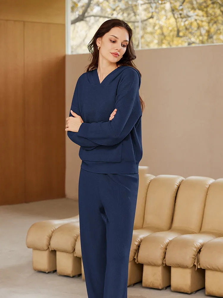 Women Pullover Hoodie Matching Wide Leg Pants Loose Knitted Sweatsuit with Pocket