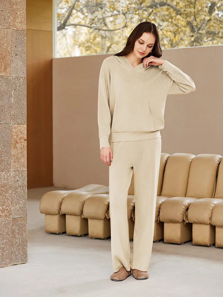 Women Pullover Hoodie Matching Wide Leg Pants Loose Knitted Sweatsuit with Pocket