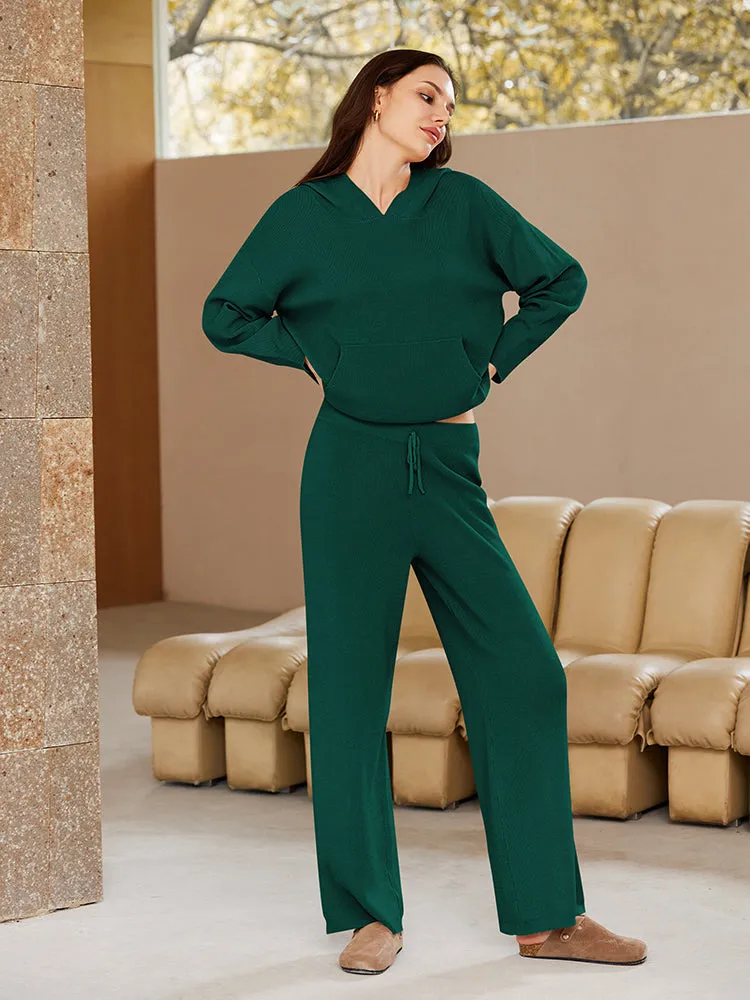 Women Pullover Hoodie Matching Wide Leg Pants Loose Knitted Sweatsuit with Pocket