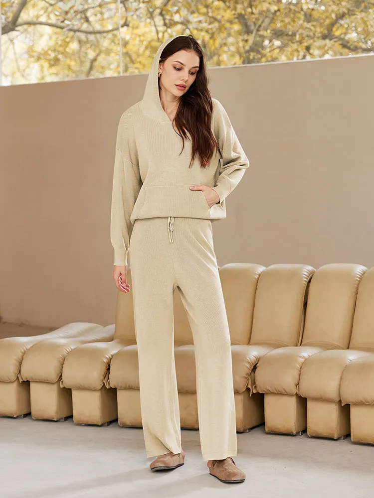 Women Pullover Hoodie Matching Wide Leg Pants Loose Knitted Sweatsuit with Pocket