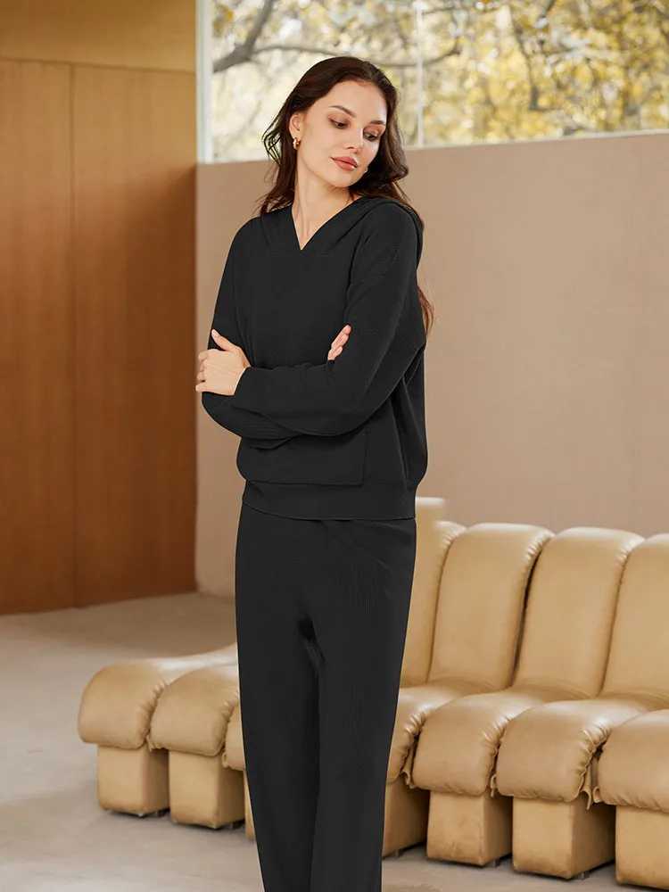 Women Pullover Hoodie Matching Wide Leg Pants Loose Knitted Sweatsuit with Pocket