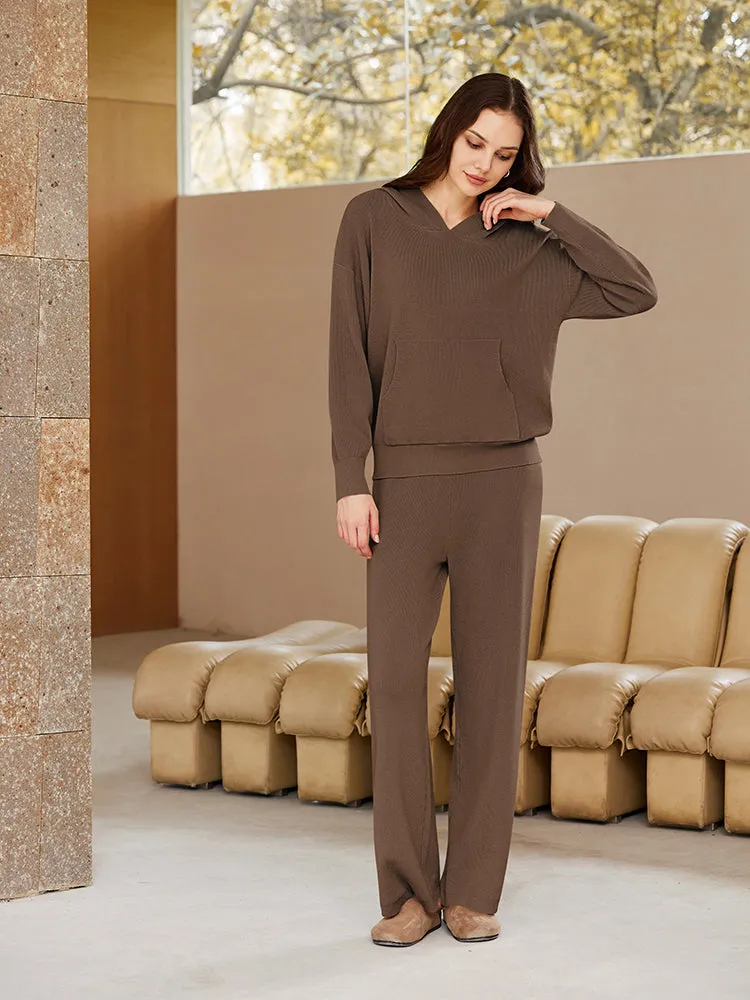 Women Pullover Hoodie Matching Wide Leg Pants Loose Knitted Sweatsuit with Pocket