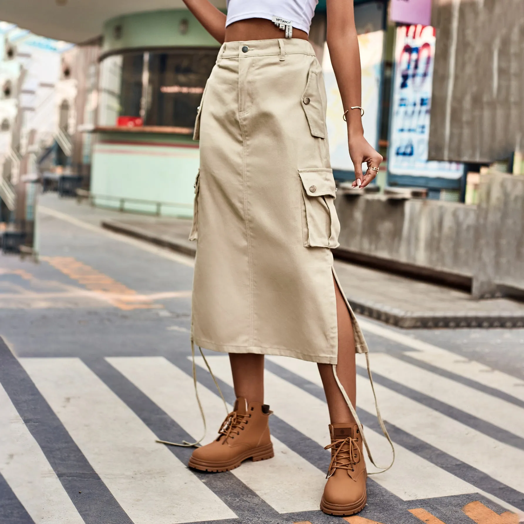 Women Wear Denim Lace up Overalls Skirt Casual Mid Length Skirt