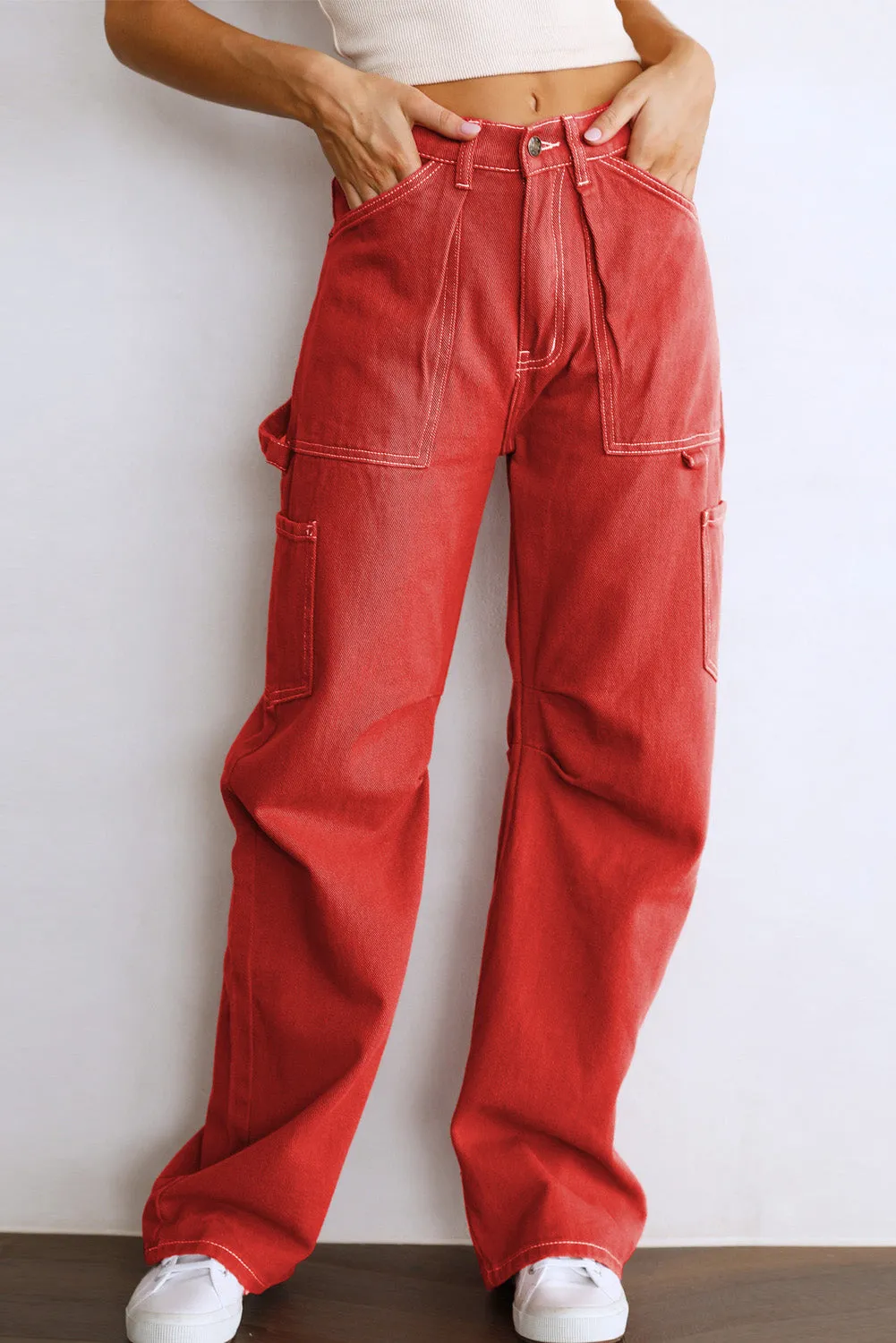 Women's High Waisted Straight Leg Cargo Pants Baggy Trousers Streetwear