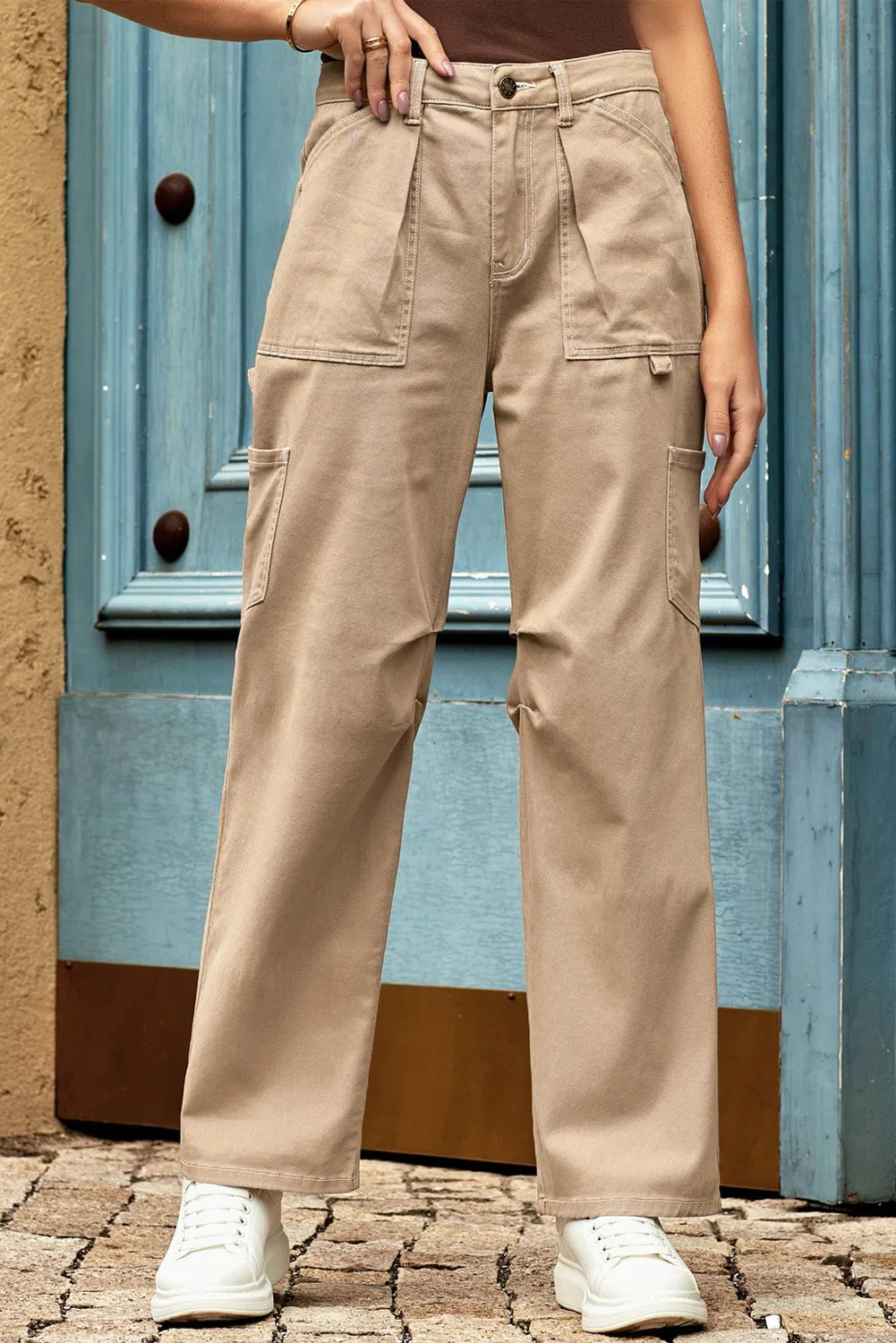 Women's High Waisted Straight Leg Cargo Pants Baggy Trousers Streetwear