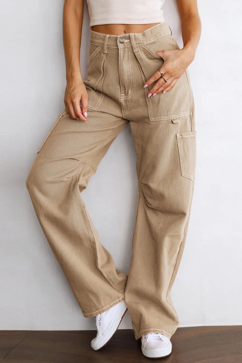 Women's High Waisted Straight Leg Cargo Pants Baggy Trousers Streetwear