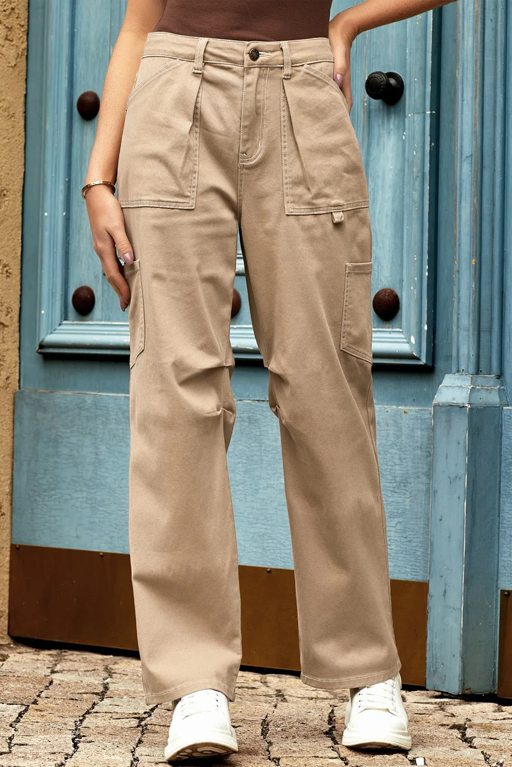 Women's High Waisted Straight Leg Cargo Pants Baggy Trousers Streetwear