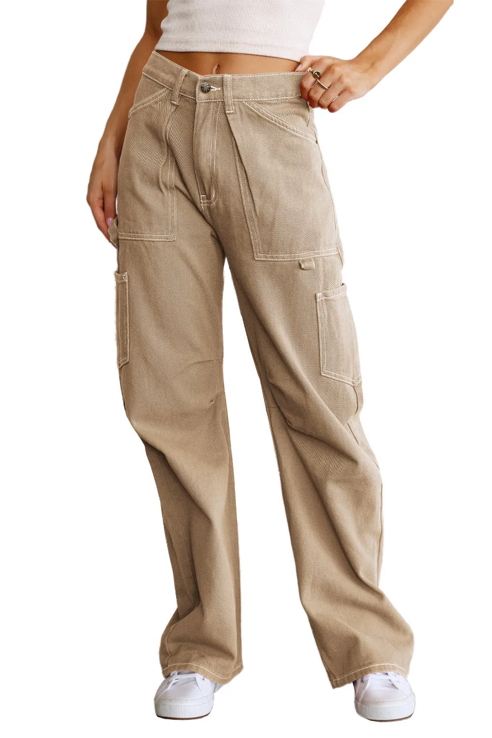 Women's High Waisted Straight Leg Cargo Pants Baggy Trousers Streetwear