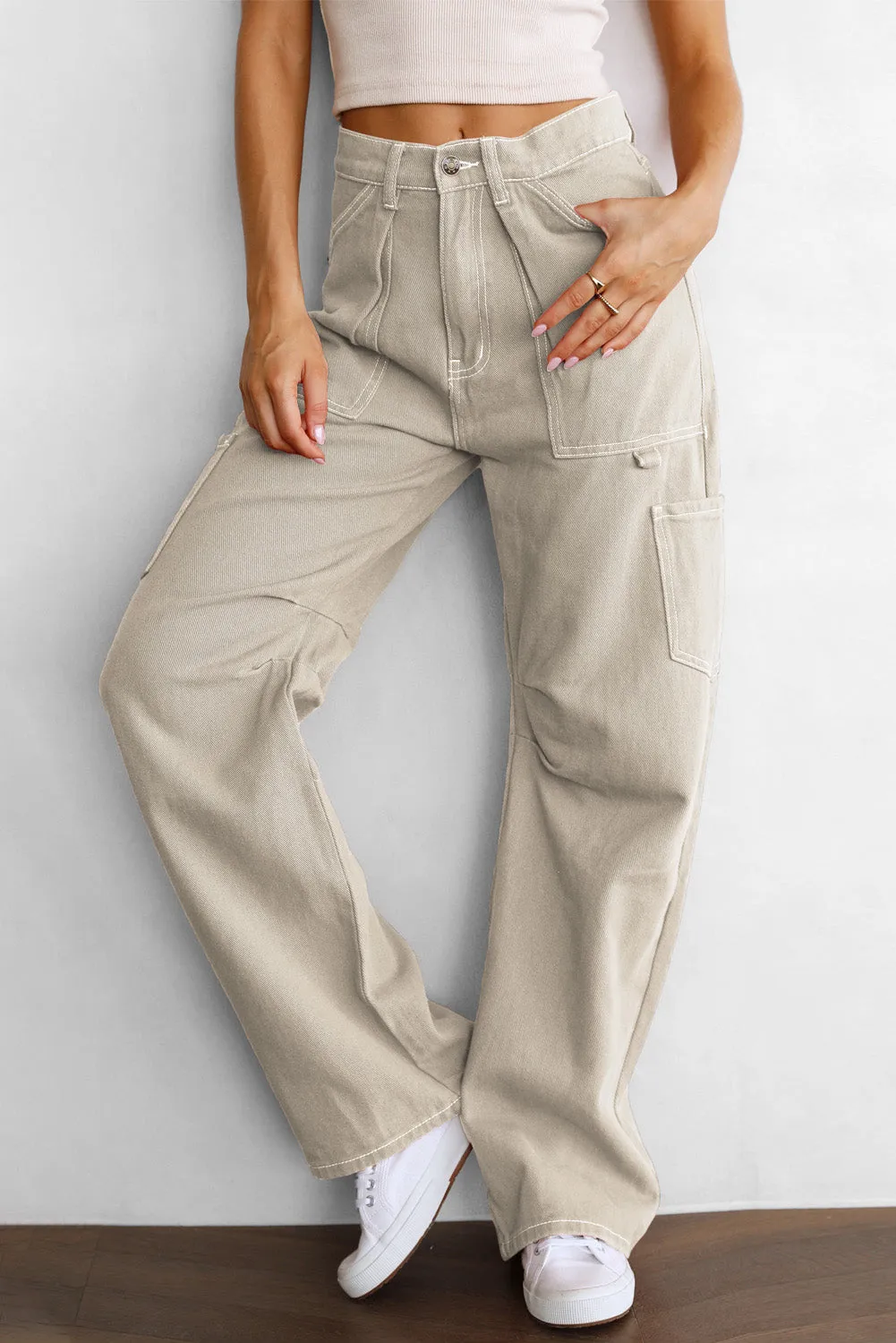 Women's High Waisted Straight Leg Cargo Pants Baggy Trousers Streetwear