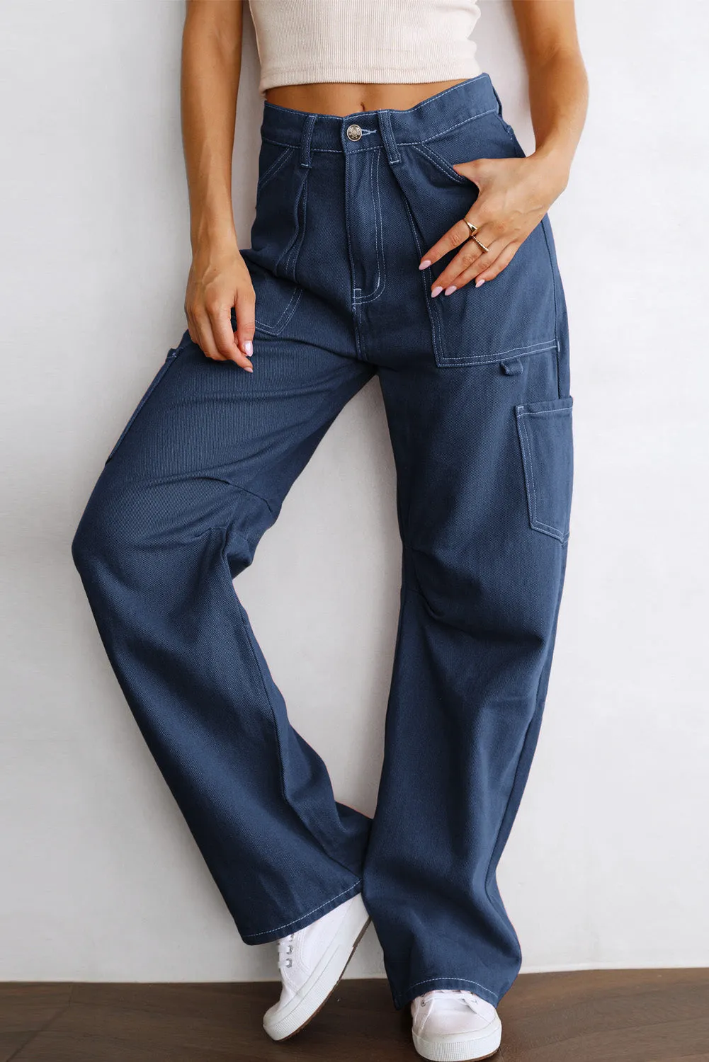 Women's High Waisted Straight Leg Cargo Pants Baggy Trousers Streetwear