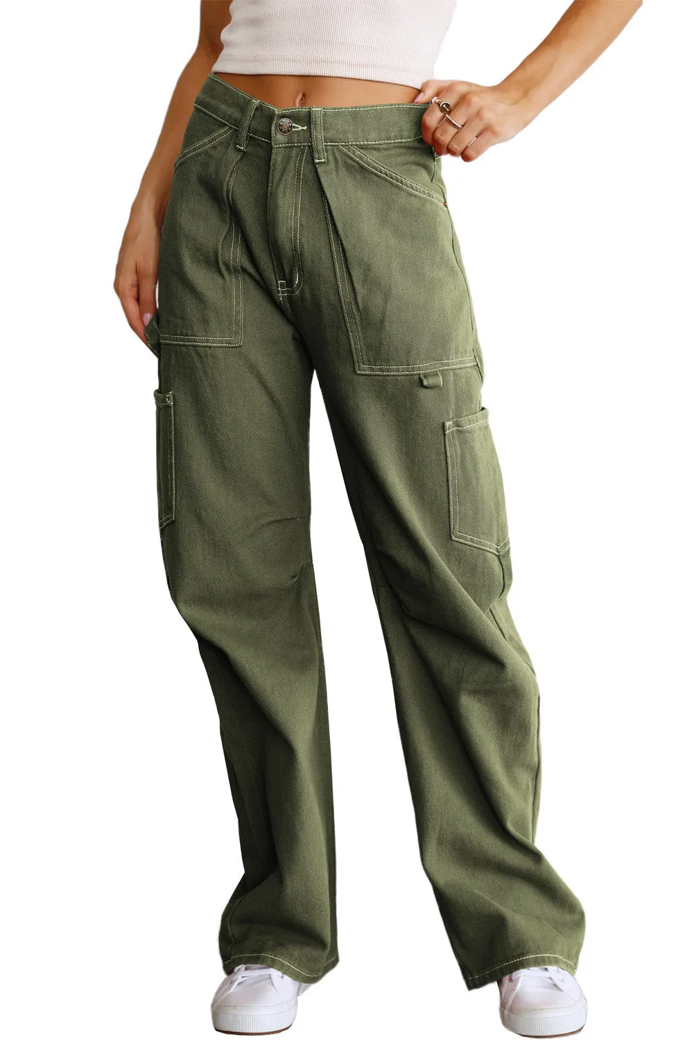 Women's High Waisted Straight Leg Cargo Pants Baggy Trousers Streetwear