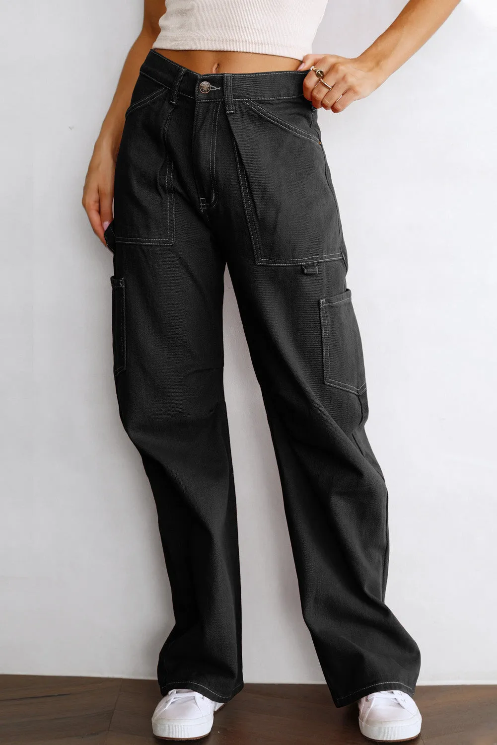 Women's High Waisted Straight Leg Cargo Pants Baggy Trousers Streetwear