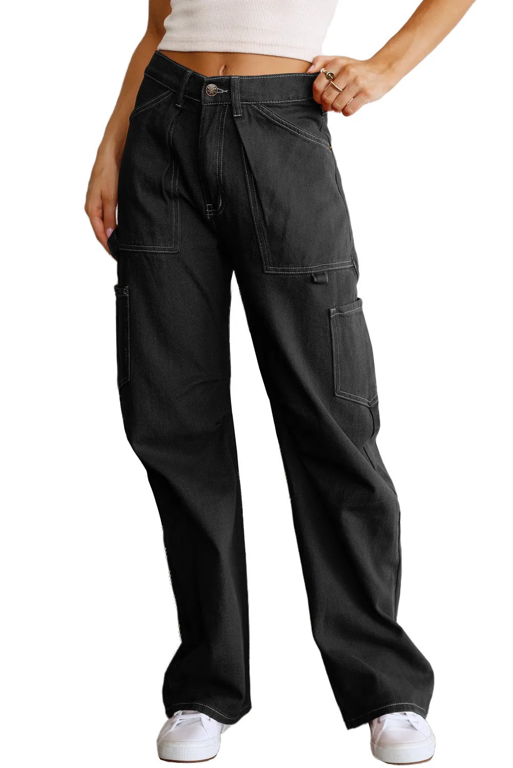 Women's High Waisted Straight Leg Cargo Pants Baggy Trousers Streetwear