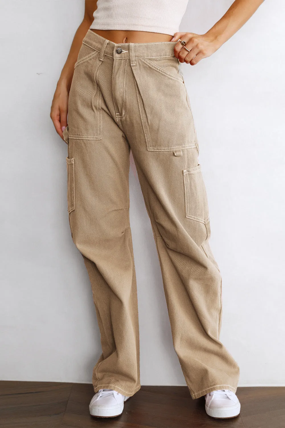 Women's High Waisted Straight Leg Cargo Pants Baggy Trousers Streetwear