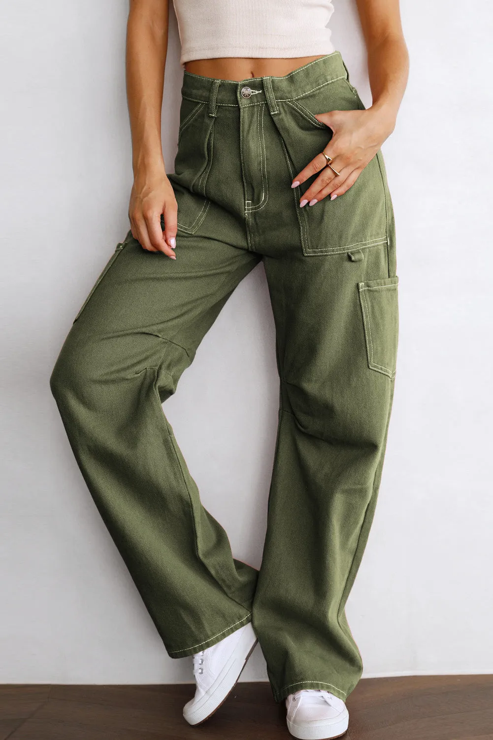 Women's High Waisted Straight Leg Cargo Pants Baggy Trousers Streetwear