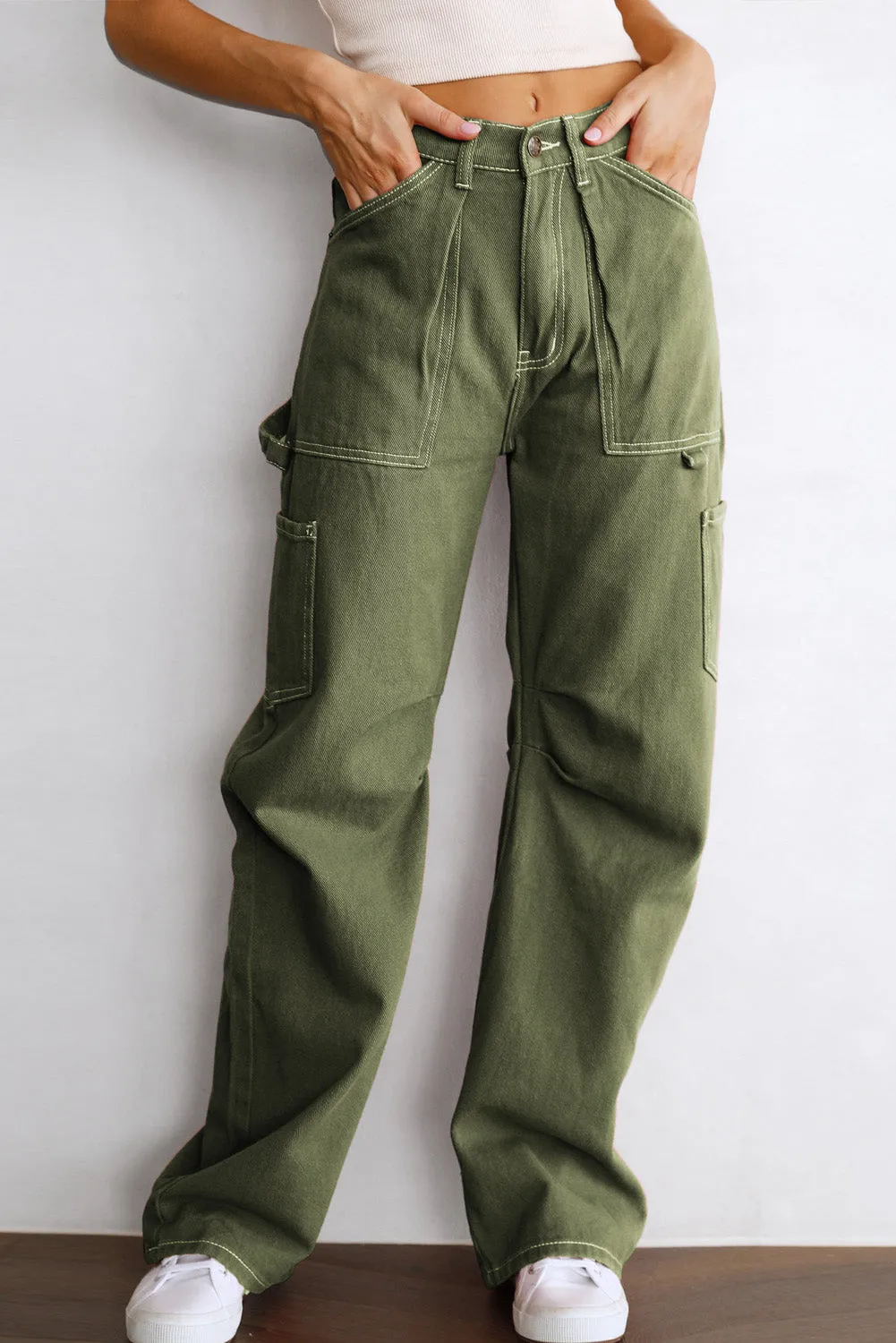 Women's High Waisted Straight Leg Cargo Pants Baggy Trousers Streetwear